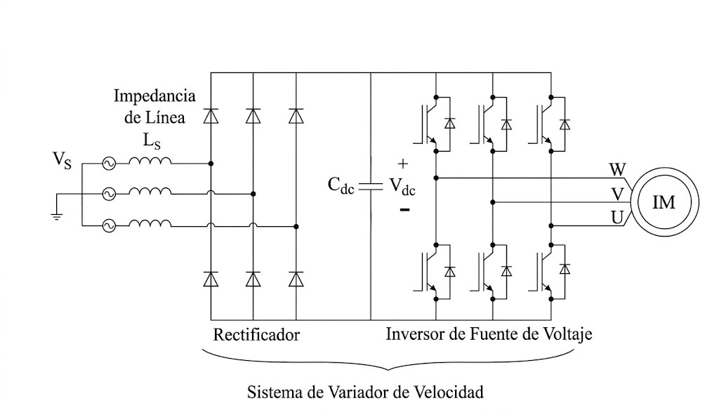 Esquema de circuito de variador de velocidad con rectificador bus DC e inversor IGBT para motor trifásico