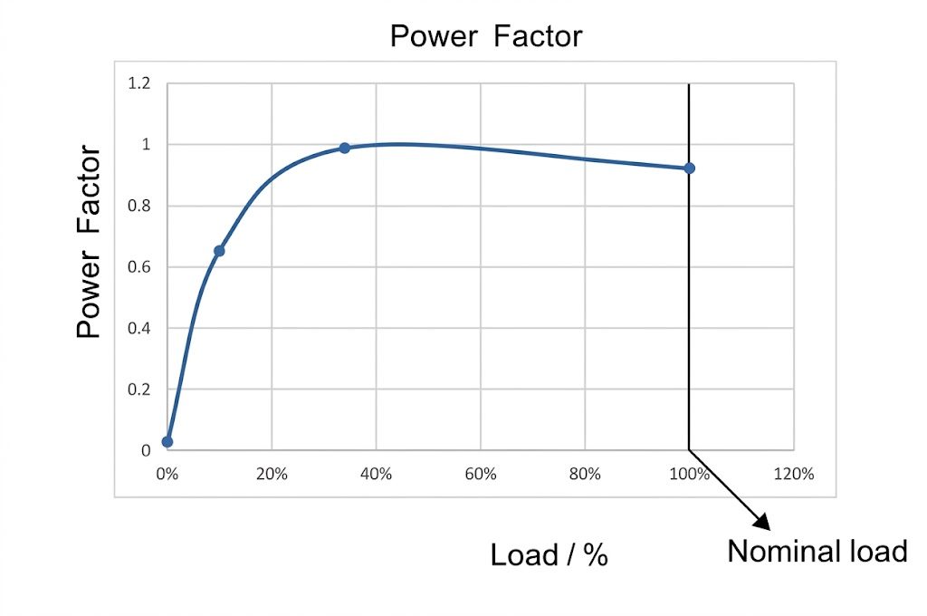 Power factor performance curve showing improvement across different load percentages