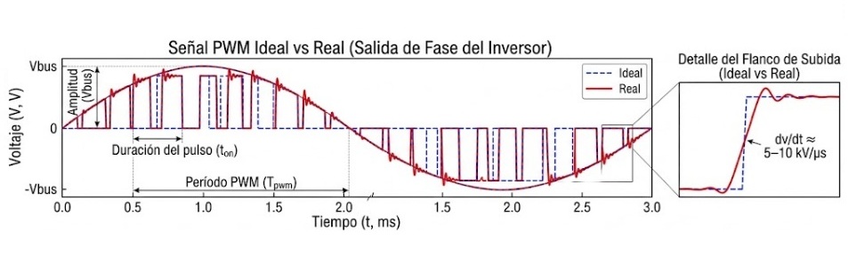 Gráfica de señal PWM ideal vs real a la salida de fase del inversor con detalle del flanco de subida y velocidad de cambio dv/dt (5 a 10 kV/µs).