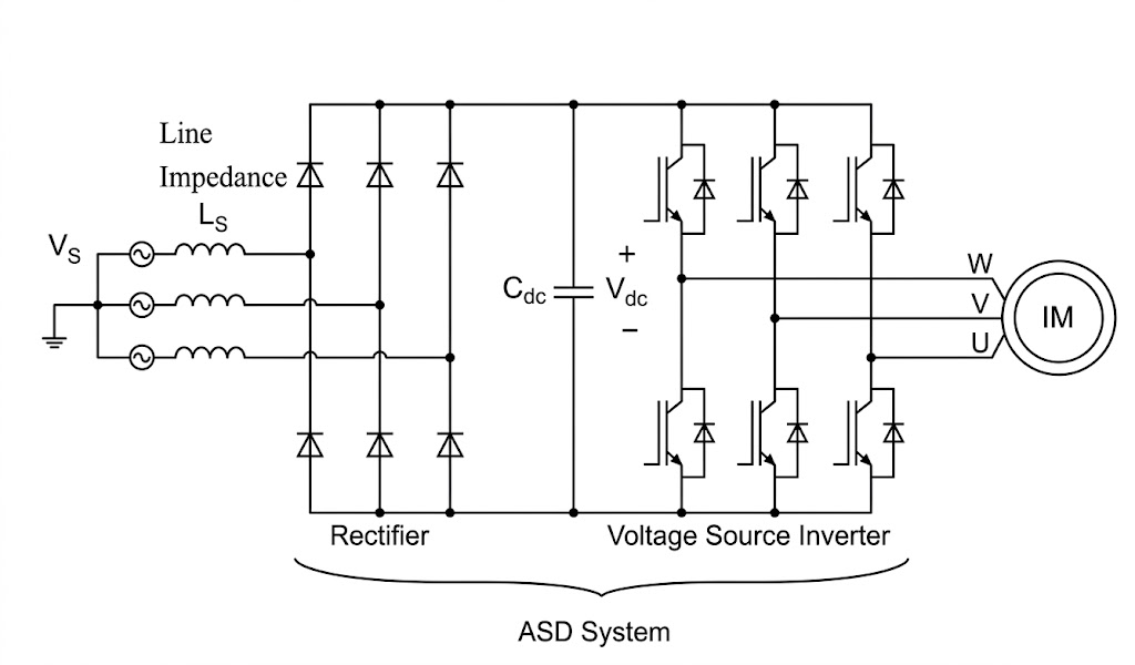 Variable frequency drive VFD circuit diagram with rectifier, DC bus capacitor, and voltage source inverter